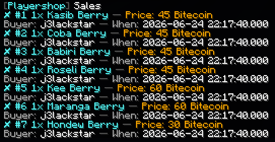 Sales log showing recent purchases with amount, price, time, and buyer